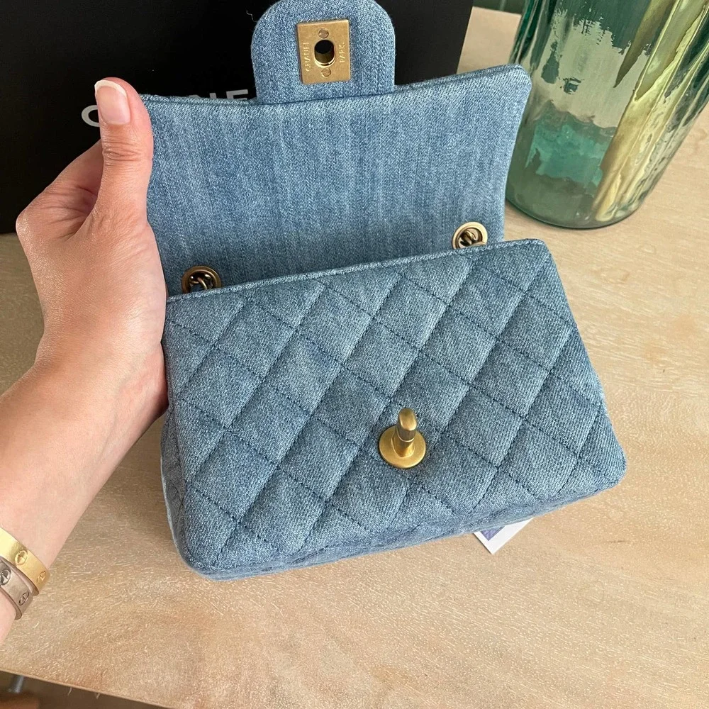 ❌SOLD❌NEW Chanel Denim Square Mini Pearl Crush Flap Bag 22C - Picture 6 of 14